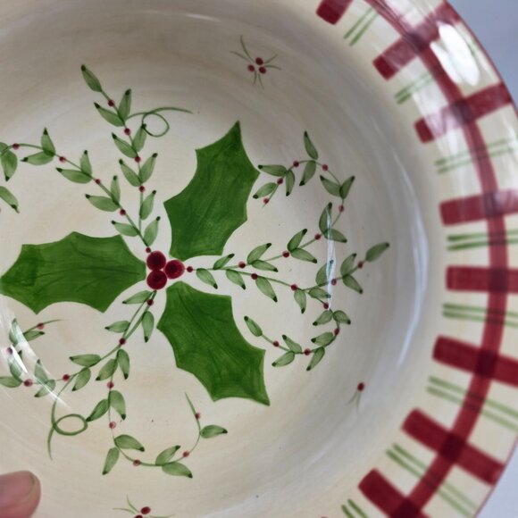 Los Angeles Pottery Laurie Gates Holiday Soup Bowl Green & Red Holly & Plaid - Picture 13 of 15